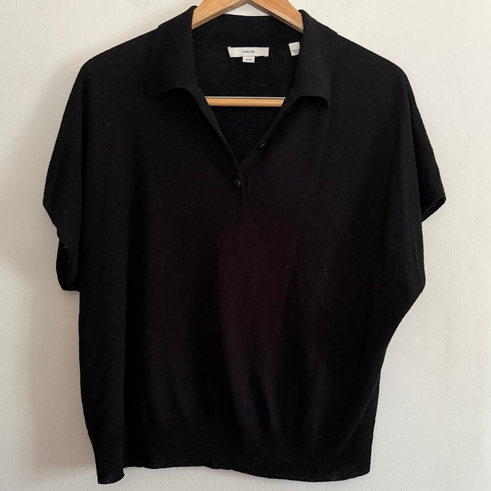 Vince | Black Wool / Cashmere Blend Lightweight Short Sleeve Polo Sweater | XL